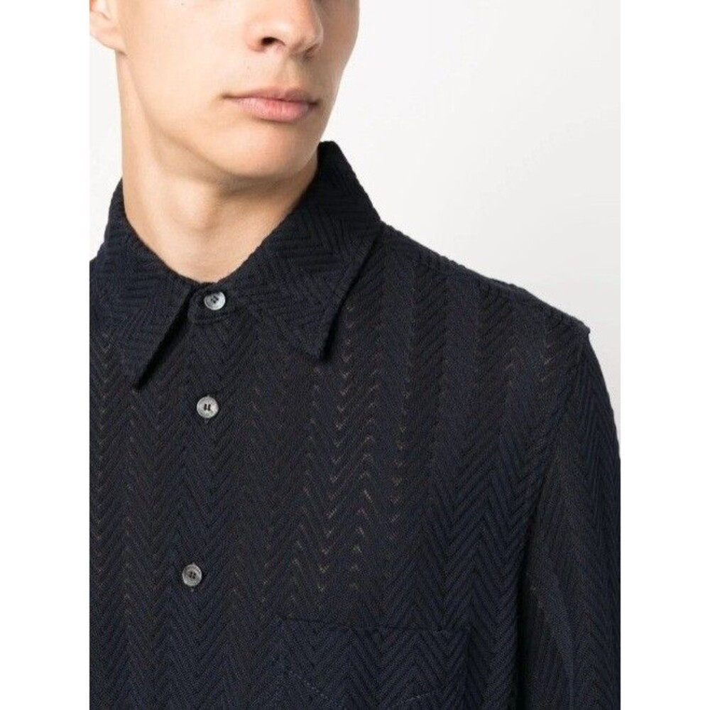 Mens Missoni Long Sleeve Chevron Zigzag Woven Striped Shirt Size 50 Navy Blue